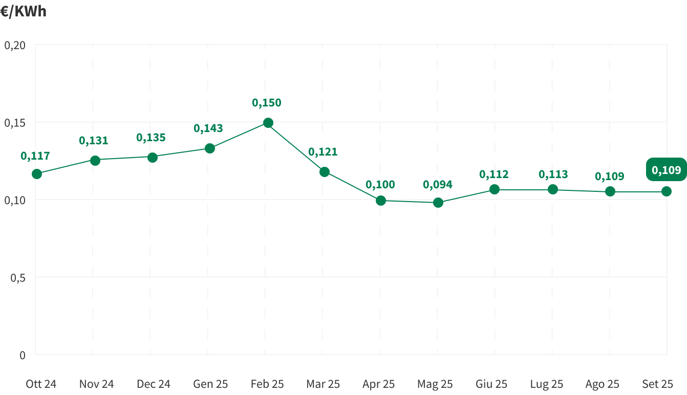 Grafico che mostra le variazioni mensili dell'indice PUN, il prezzo di riferimento dell'energia elettrica all'ingrosso in Italia. Questo indice viene calcolato come una media ponderata dei prezzi delle transazioni giornaliere di energia elettrica.